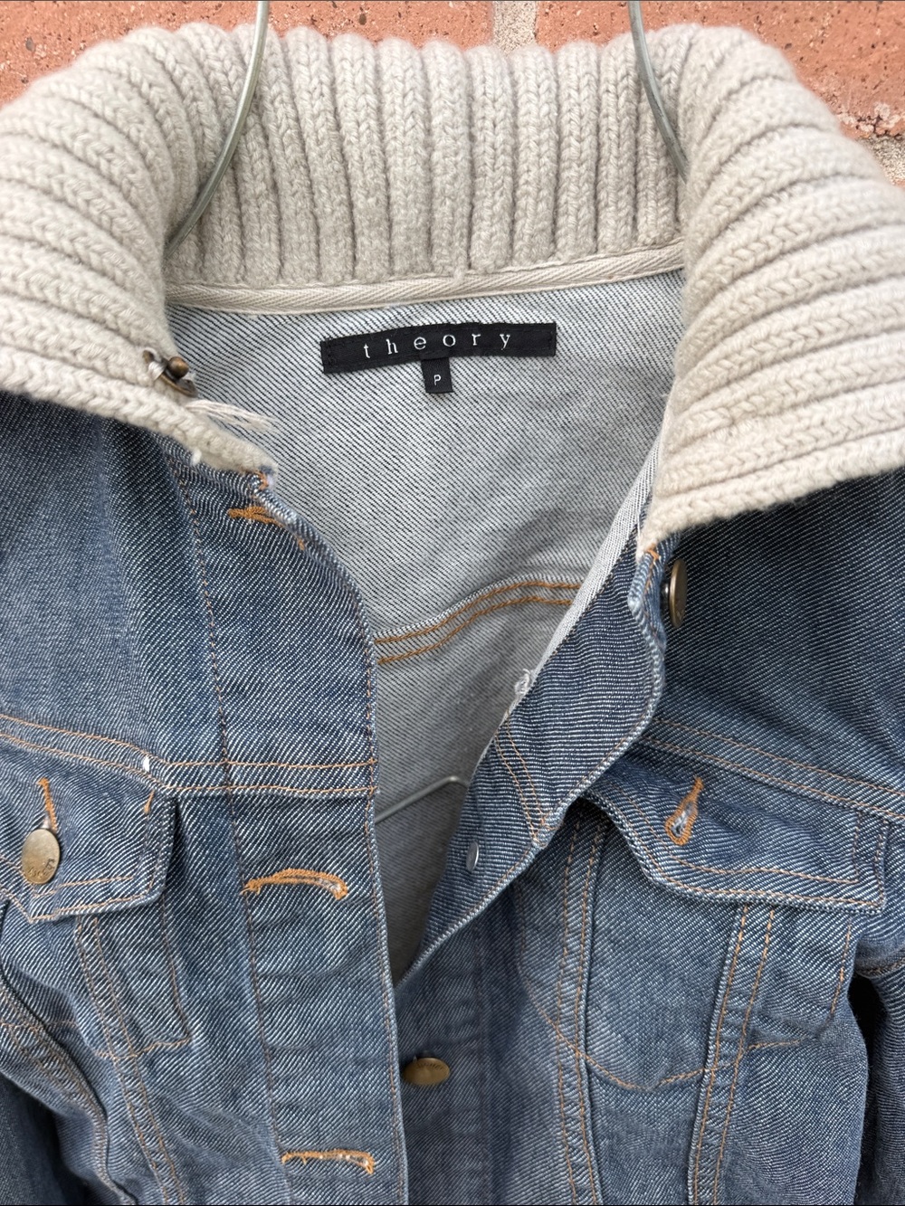 Theory Indigo Denim Jacket with Cream Knit Collar - Picture 2 of 7